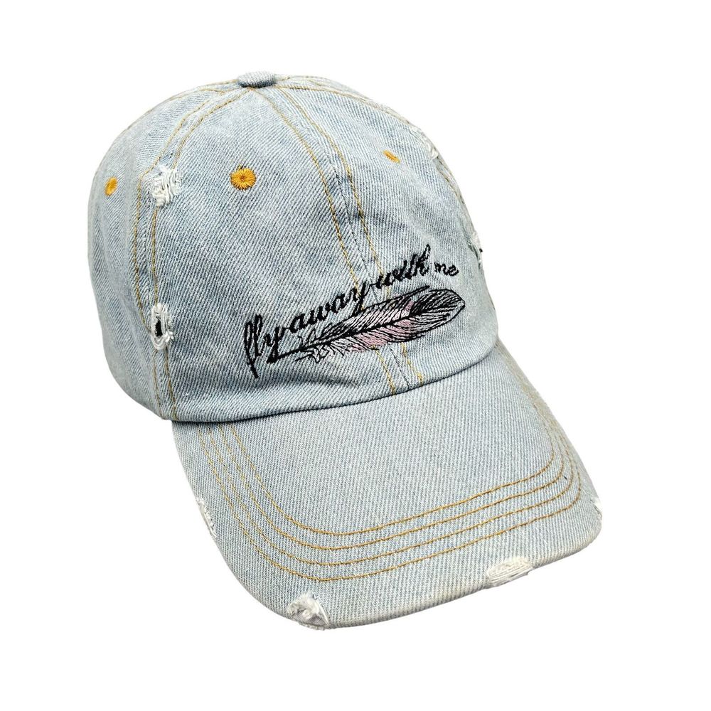 FLY AWAY WITH ME Womens Hat Baseball Ball Cap ADJUSTABLE Distressed Denim
